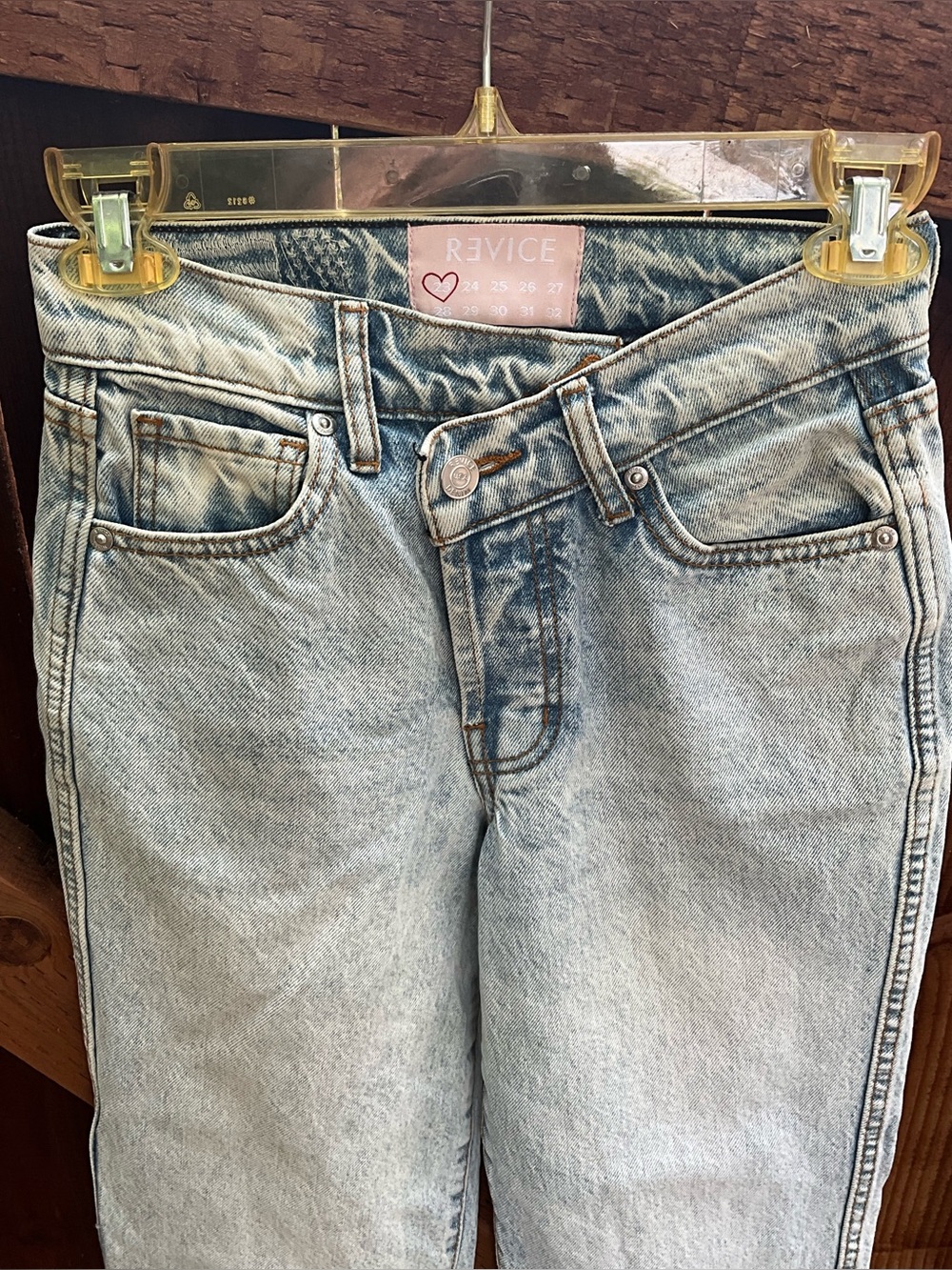 REVICE high rise broken waist straight leg button fly jeans 23 light wash